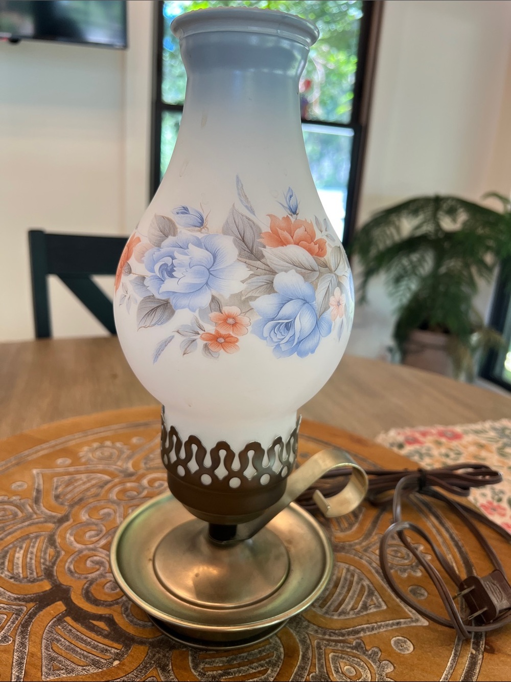 Sweet Hurricane Floral Glass Table Lamp - White with Blue & Peach Flowers